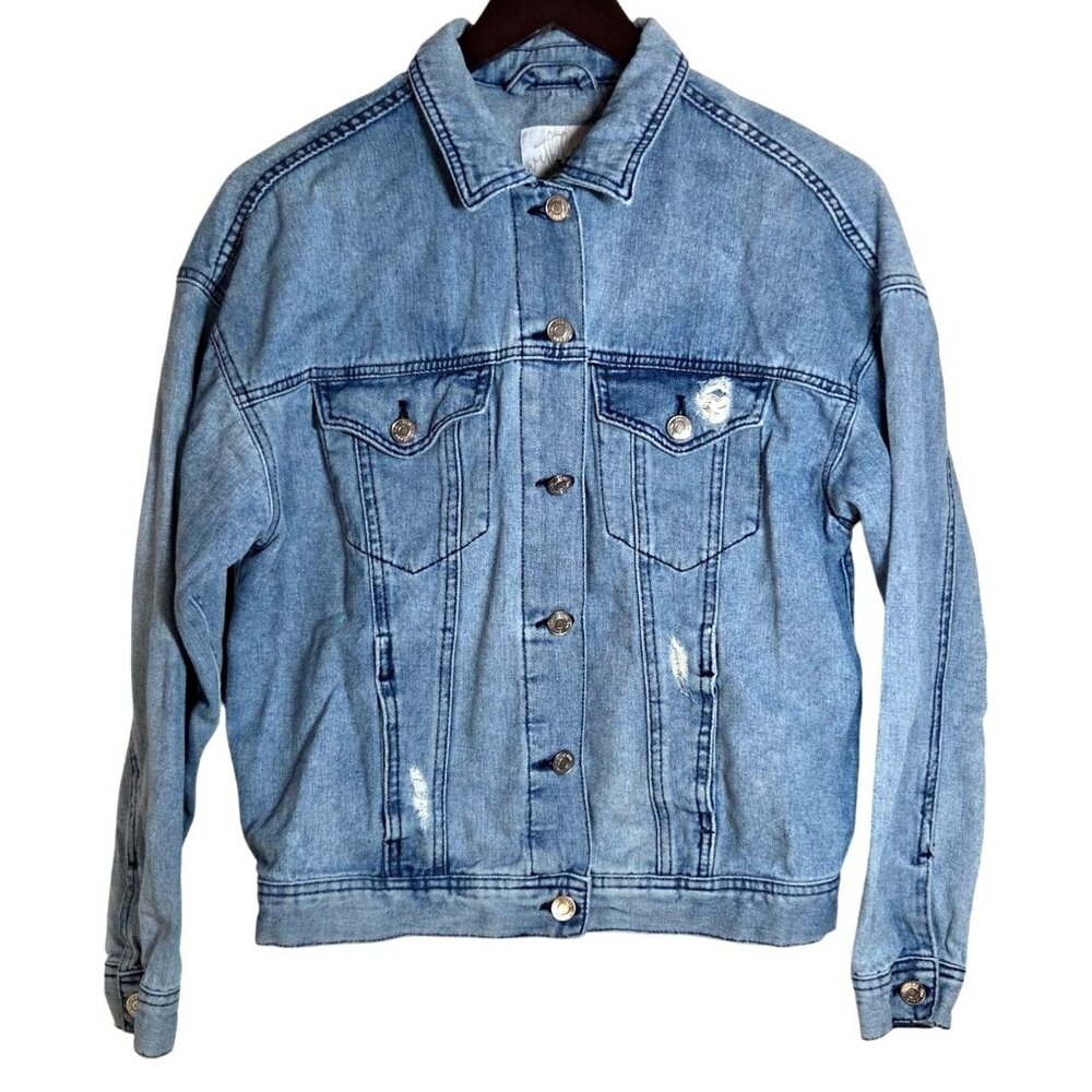 YMI With Love Light Blue Distressed Classic Denim Trucker Jean Jacket Size M - Picture 1 of 8